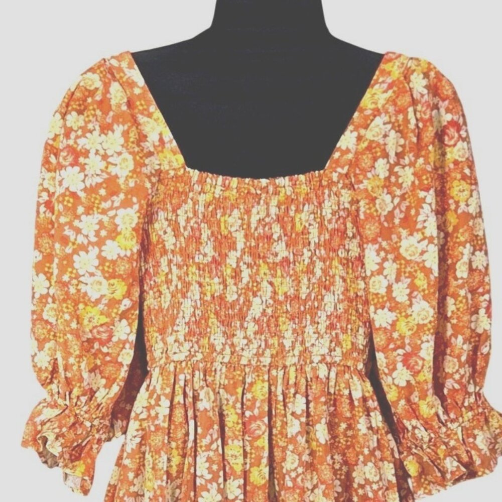 Free People Show Me Love Linen Romper Orange Floral Smocked Dress W Tie Front Sm - Picture 6 of 8